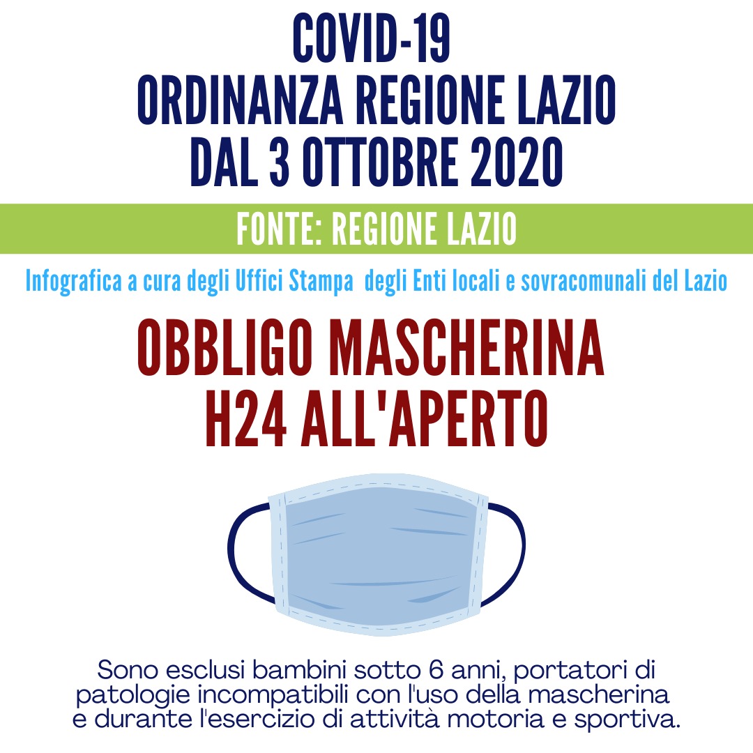 Regione Lazio, firmata l’ordinanza per obbligo mascherine all’aperto